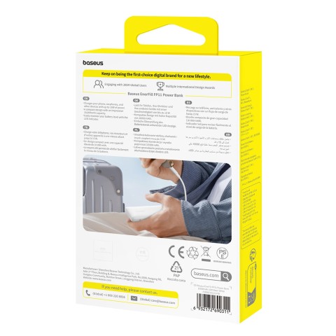 
10000mAh 15W „EnerFill FP11“ nešiojama baterija su USB-C laidu, 30 cm, balta
