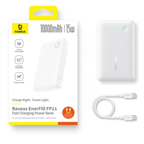 
10000mAh 15W „EnerFill FP11“ nešiojama baterija su USB-C laidu, 30 cm, balta
