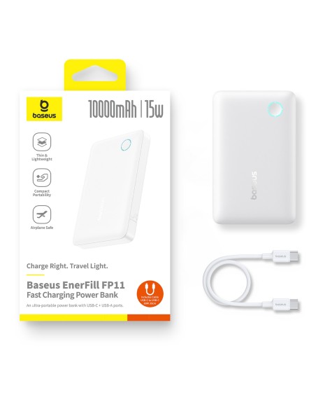 
10000mAh 15W „EnerFill FP11“ nešiojama baterija su USB-C laidu, 30 cm, balta
