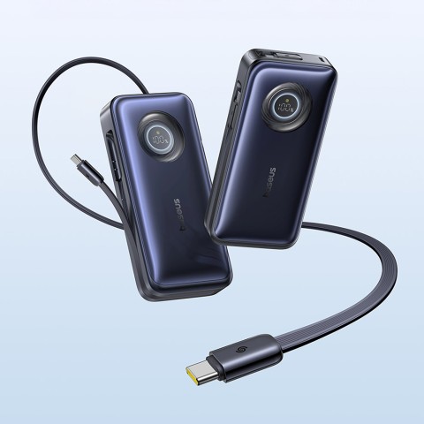 
20000mAh 100W nešiojamas įkroviklis su ištraukiamais USB-C laidais – juodas
