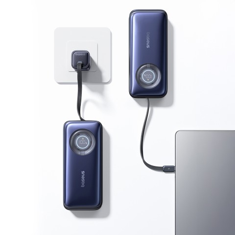 
20000mAh 100W nešiojamas įkroviklis su ištraukiamais USB-C laidais – juodas
