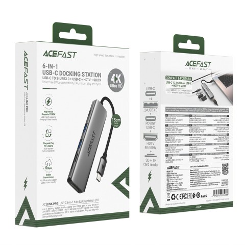 
UAB-A USB-C HDMI SD 4K 60Hz PD 90W šakotuvo stotelė 6 viename
