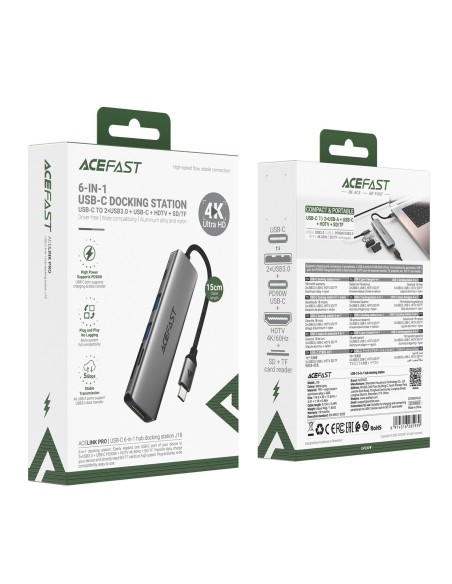 
UAB-A USB-C HDMI SD 4K 60Hz PD 90W šakotuvo stotelė 6 viename

