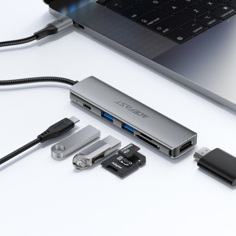 
UAB-A USB-C HDMI SD 4K 60Hz PD 90W šakotuvo stotelė 6 viename
