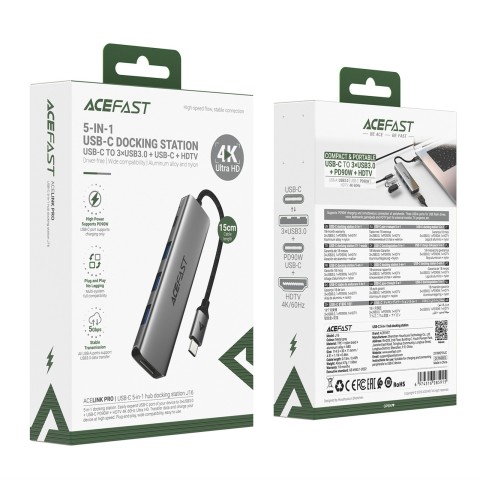 
Šakės prijungimo stotelė 5 viename USB-C - USB-A USB-C HDMI 4K 60Hz PD 90W - pilka
