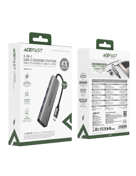 
Šakės prijungimo stotelė 5 viename USB-C - USB-A USB-C HDMI 4K 60Hz PD 90W - pilka
