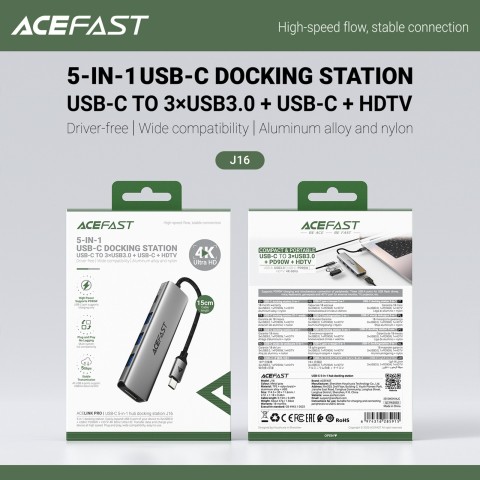 
Šakės prijungimo stotelė 5 viename USB-C - USB-A USB-C HDMI 4K 60Hz PD 90W - pilka
