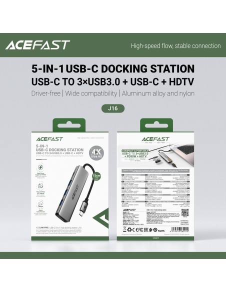 
Šakės prijungimo stotelė 5 viename USB-C - USB-A USB-C HDMI 4K 60Hz PD 90W - pilka

