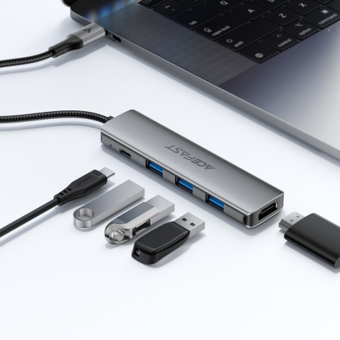 
Šakės prijungimo stotelė 5 viename USB-C - USB-A USB-C HDMI 4K 60Hz PD 90W - pilka

