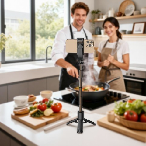 
Asmenukių lazda su automatiniu trikoju ir „Bluetooth“ nuotolinio valdymo pultu, 63 cm - juoda
