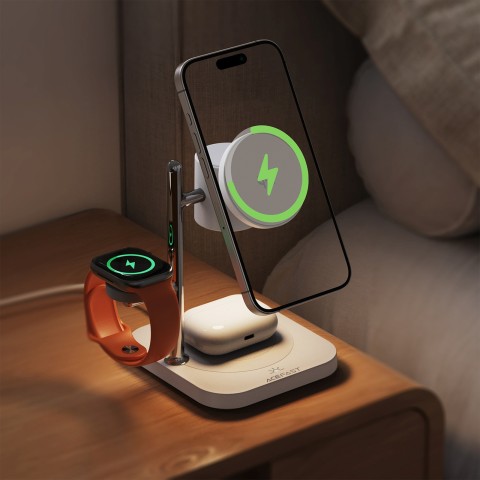 
4 viename belaidis įkroviklis telefonui, laikrodžiui, ausinėms su naktiniu apšvietimu, 25 W - baltas
