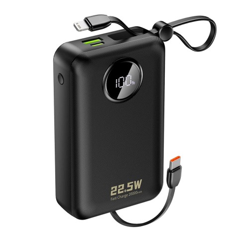 
20000mAh USB-C USB-A išorinė baterija su integruotais „iPhone“ „Lightning“ USB-C laidais – juoda
