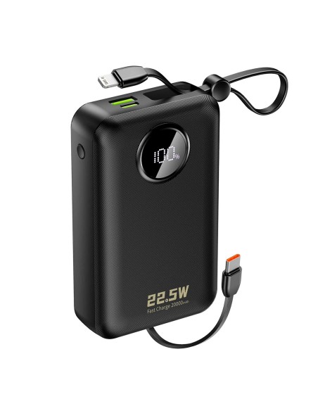 
20000mAh USB-C USB-A išorinė baterija su integruotais „iPhone“ „Lightning“ USB-C laidais – juoda
