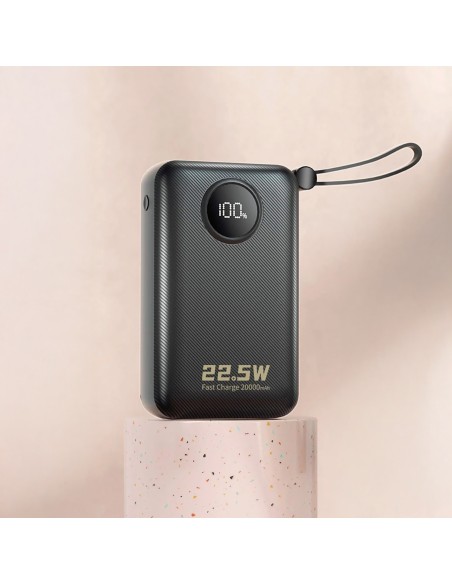 
20000mAh USB-C USB-A išorinė baterija su integruotais „iPhone“ „Lightning“ USB-C laidais – juoda
