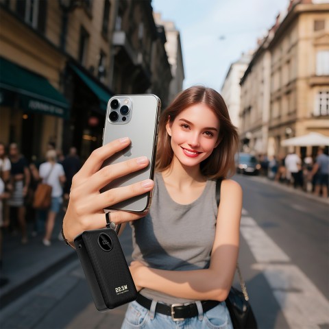 
20000mAh USB-C USB-A išorinė baterija su integruotais „iPhone“ „Lightning“ USB-C laidais – juoda
