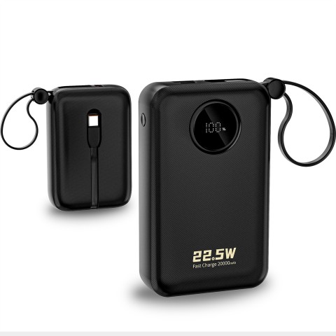 
20000mAh USB-C USB-A išorinė baterija su integruotais „iPhone“ „Lightning“ USB-C laidais – juoda
