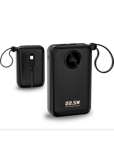 
20000mAh USB-C USB-A išorinė baterija su integruotais „iPhone“ „Lightning“ USB-C laidais – juoda
