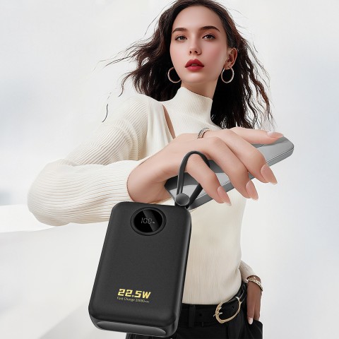 
20000mAh USB-C USB-A išorinė baterija su integruotais „iPhone“ „Lightning“ USB-C laidais – juoda

