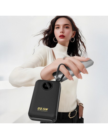 
20000mAh USB-C USB-A išorinė baterija su integruotais „iPhone“ „Lightning“ USB-C laidais – juoda
