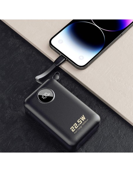 
20000mAh USB-C USB-A išorinė baterija su integruotais „iPhone“ „Lightning“ USB-C laidais – juoda
