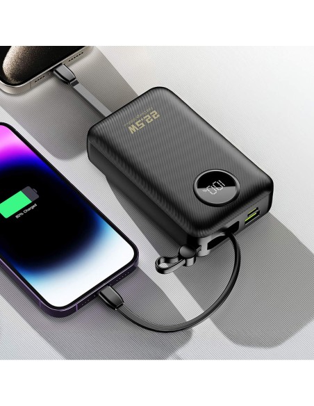 
20000mAh USB-C USB-A išorinė baterija su integruotais „iPhone“ „Lightning“ USB-C laidais – juoda
