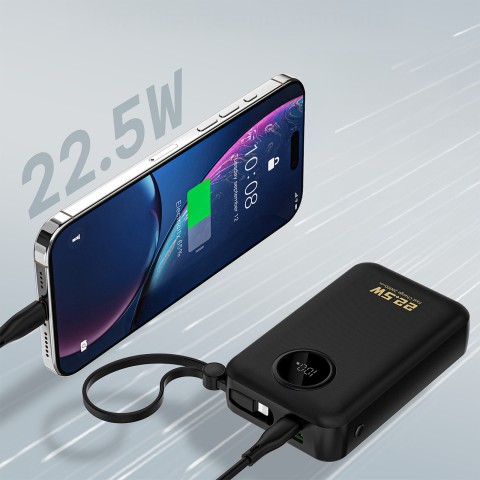 
20000mAh USB-C USB-A išorinė baterija su integruotais „iPhone“ „Lightning“ USB-C laidais – juoda
