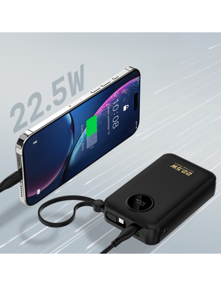 
20000mAh USB-C USB-A išorinė baterija su integruotais „iPhone“ „Lightning“ USB-C laidais – juoda
