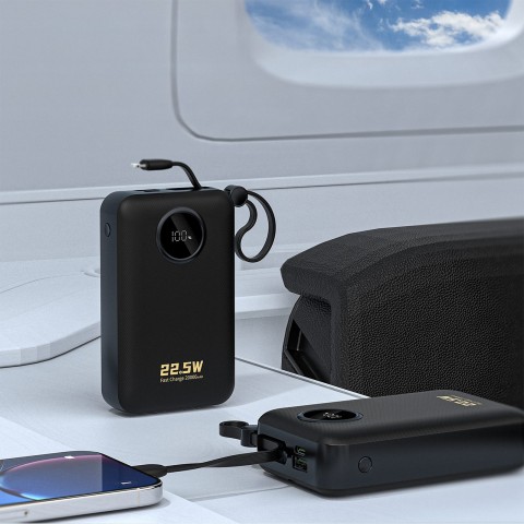 
20000mAh USB-C USB-A išorinė baterija su integruotais „iPhone“ „Lightning“ USB-C laidais – juoda
