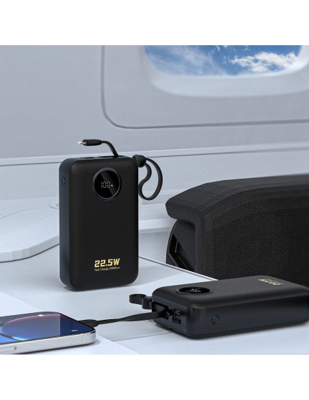 
20000mAh USB-C USB-A išorinė baterija su integruotais „iPhone“ „Lightning“ USB-C laidais – juoda
