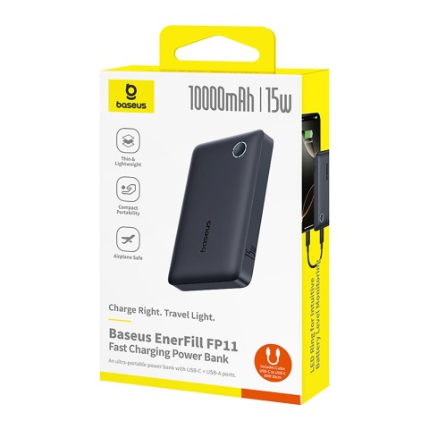 
10000mAh 15W „EnerFill FP11“ išorinė baterija su USB-C laidu, 20V, 3A, 30cm - juoda
