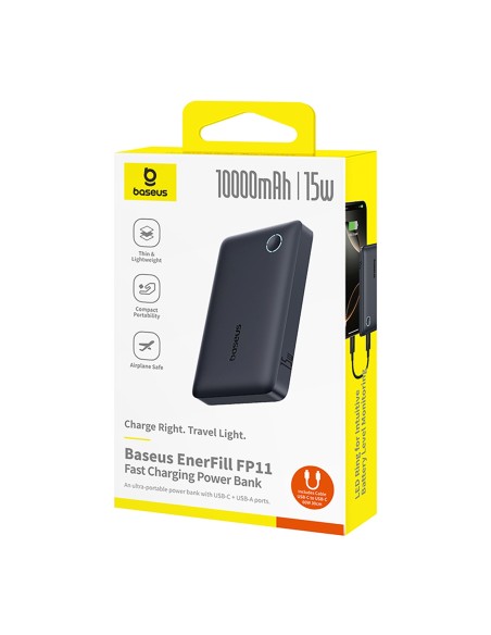 
10000mAh 15W „EnerFill FP11“ išorinė baterija su USB-C laidu, 20V, 3A, 30cm - juoda
