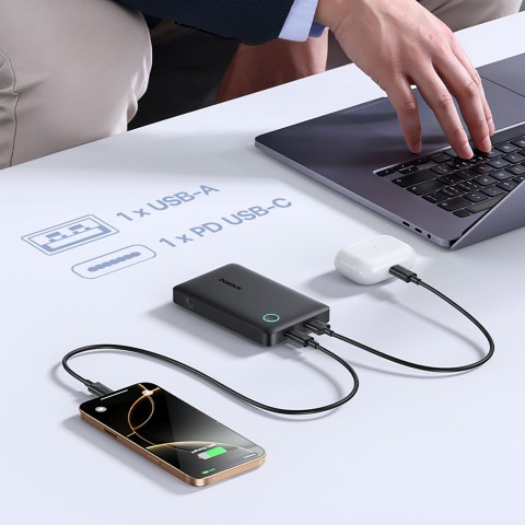 
10000mAh 15W „EnerFill FP11“ išorinė baterija su USB-C laidu, 20V, 3A, 30cm - juoda
