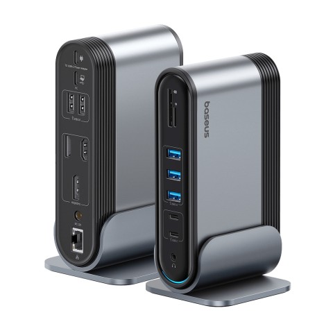 
USB-C prijungimo stotelė - HDMI DP USB-A USB-C RJ45 PD PC SD TF 3,5 mm mini lizdas - pilka
