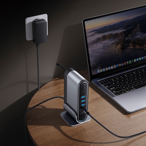 
USB-C prijungimo stotelė - HDMI DP USB-A USB-C RJ45 PD PC SD TF 3,5 mm mini lizdas - pilka
