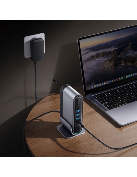 
USB-C prijungimo stotelė - HDMI DP USB-A USB-C RJ45 PD PC SD TF 3,5 mm mini lizdas - pilka
