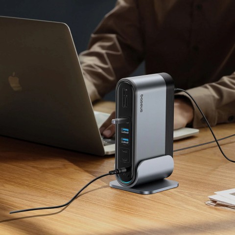 
USB-C prijungimo stotelė - HDMI DP USB-A USB-C RJ45 PD PC SD TF 3,5 mm mini lizdas - pilka

