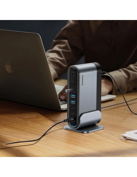 
USB-C prijungimo stotelė - HDMI DP USB-A USB-C RJ45 PD PC SD TF 3,5 mm mini lizdas - pilka
