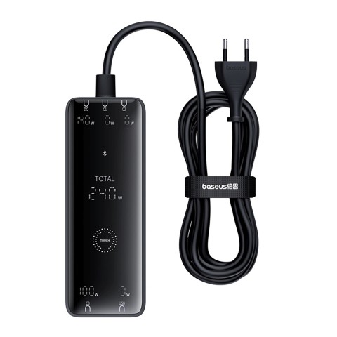 
USB-A USB-C GaN 240W sieninis įkroviklis su maitinimo laidu – juodas
