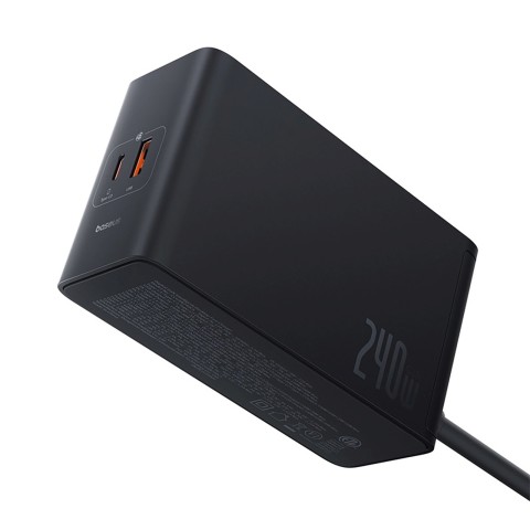 
USB-A USB-C GaN 240W sieninis įkroviklis su maitinimo laidu – juodas
