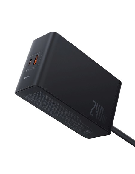 
USB-A USB-C GaN 240W sieninis įkroviklis su maitinimo laidu – juodas

