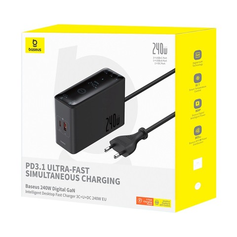 
USB-A USB-C GaN 240W sieninis įkroviklis su maitinimo laidu – juodas
