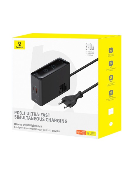 
USB-A USB-C GaN 240W sieninis įkroviklis su maitinimo laidu – juodas
