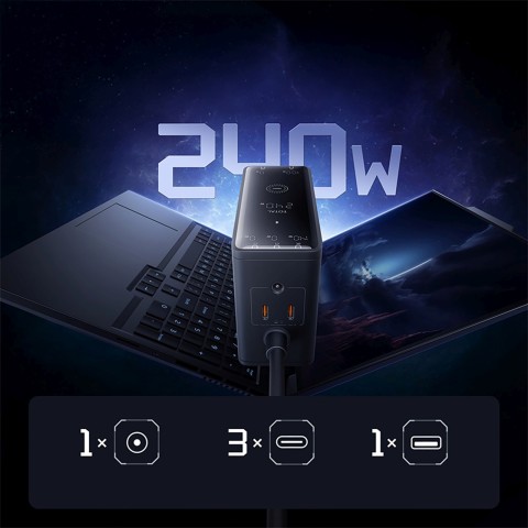 
USB-A USB-C GaN 240W sieninis įkroviklis su maitinimo laidu – juodas
