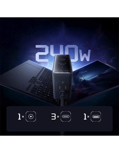 
USB-A USB-C GaN 240W sieninis įkroviklis su maitinimo laidu – juodas
