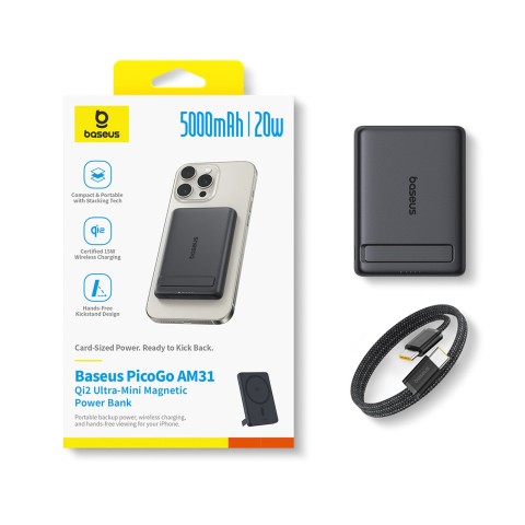 
„PicoGo AM31 Qi2“ magnetinė išorinė baterija 5000mAh 20W su stovu ir USB-C MagSafe laidu – juoda
