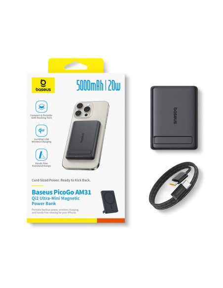 
„PicoGo AM31 Qi2“ magnetinė išorinė baterija 5000mAh 20W su stovu ir USB-C MagSafe laidu – juoda
