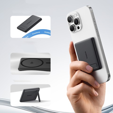 
„PicoGo AM31 Qi2“ magnetinė išorinė baterija 5000mAh 20W su stovu ir USB-C MagSafe laidu – juoda
