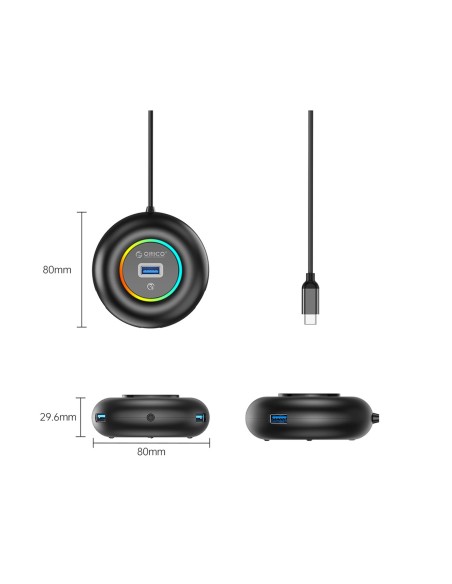 
Šakotuvo adapteris, 4 prievadų USB-C - USB-A mini lizdas, RGB, 0,3 m, juodas
