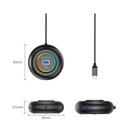 
Šakotuvo adapteris, 4 prievadų USB-C - USB-A mini lizdas, RGB, 1,8 m, juodas
