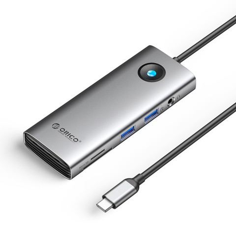 
ŠAKOTĖLIS 8in1 USB-C - USB-A USB-C HDMI SD microSD RJ45 mini lizdas PD 100W 4K 60Hz - pilkas

